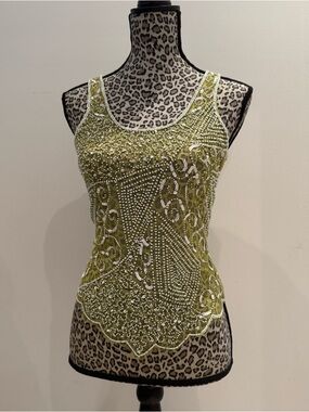 Buffalo David Bitton Olive Beaded Mesh Top